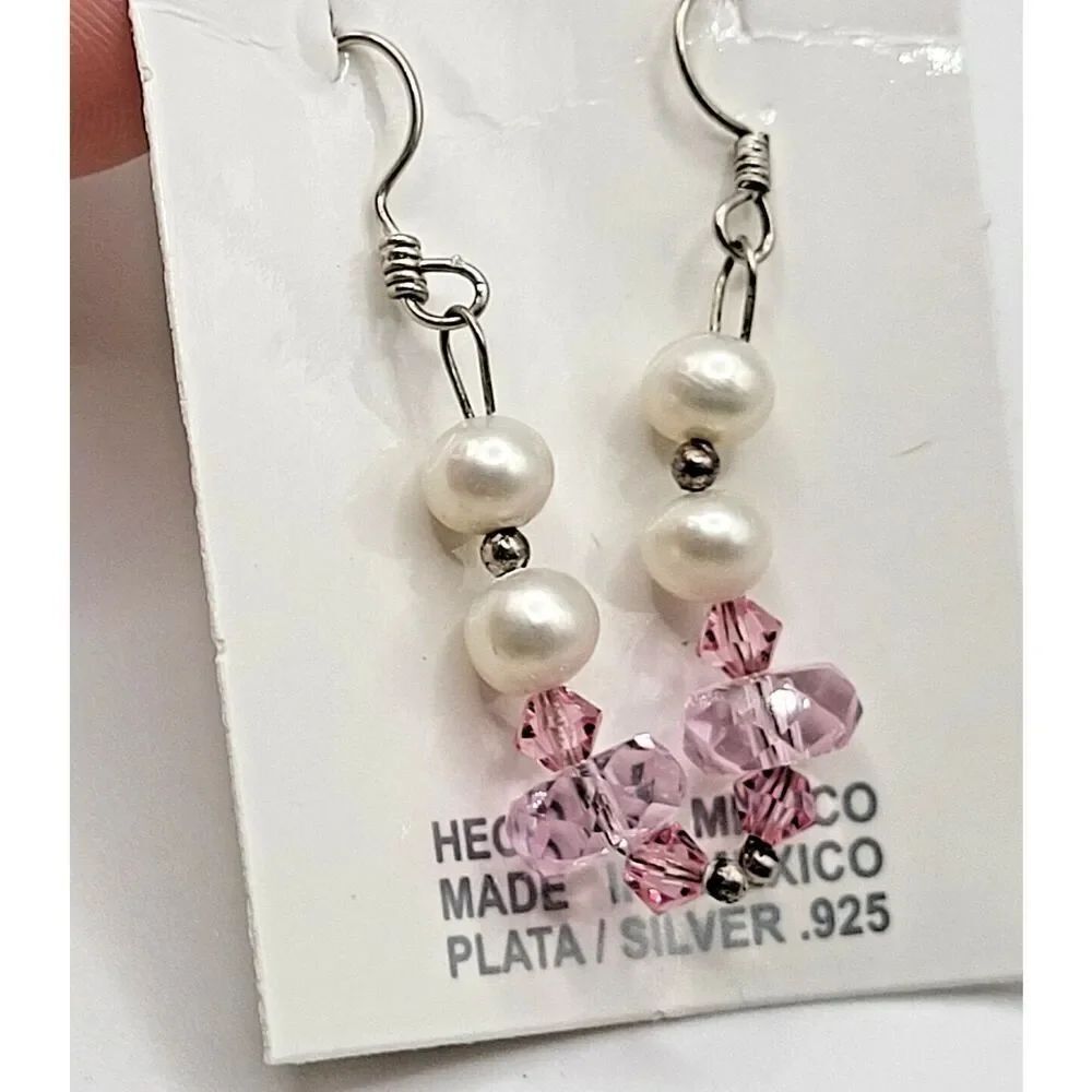 Sterling Silver Freshwater Pearl Faceted Pink Crystal Earrings